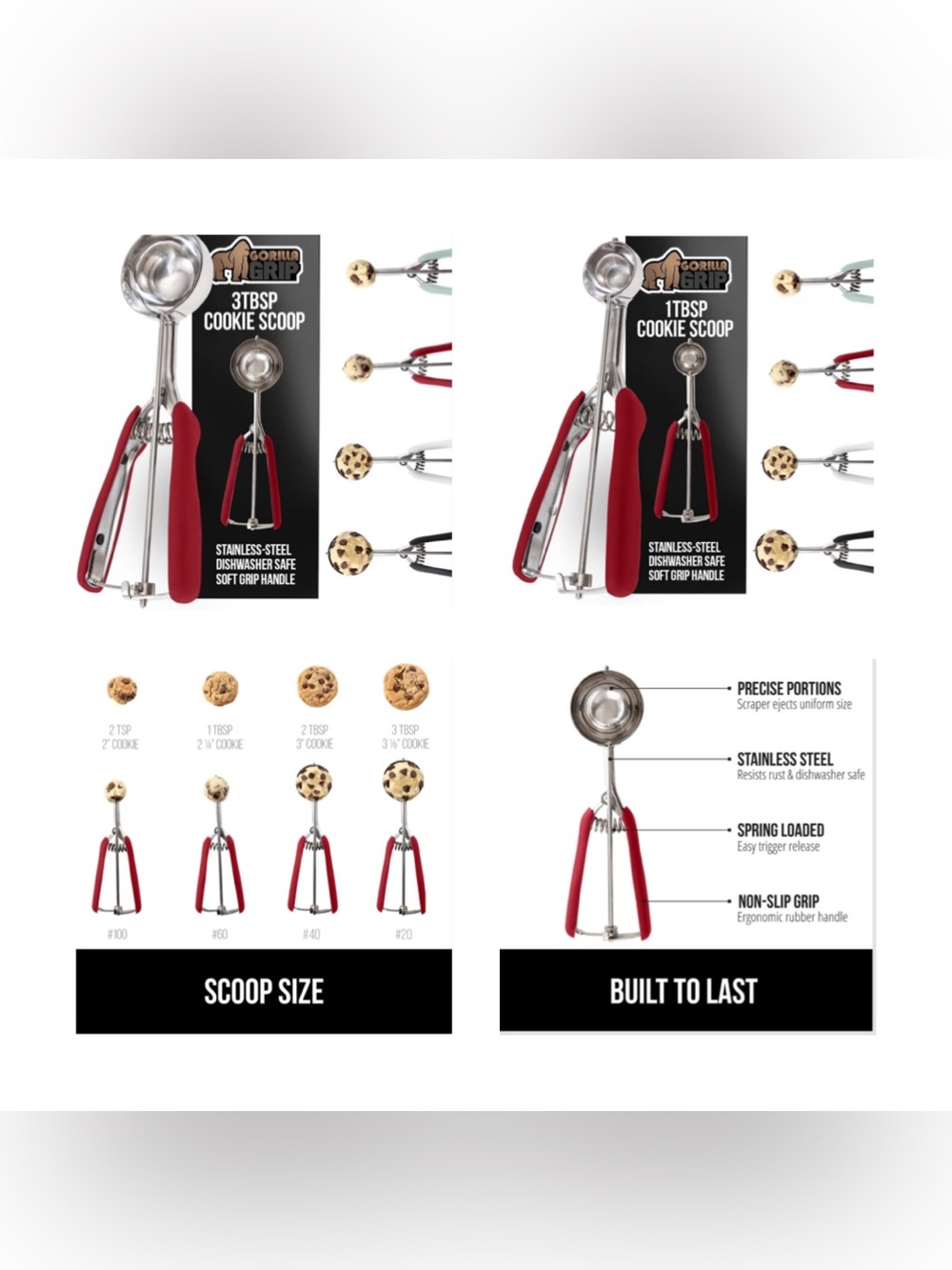 Gorilla Grip Stainless Steel Cookie Scoop - 3TBSP & 1TBSP